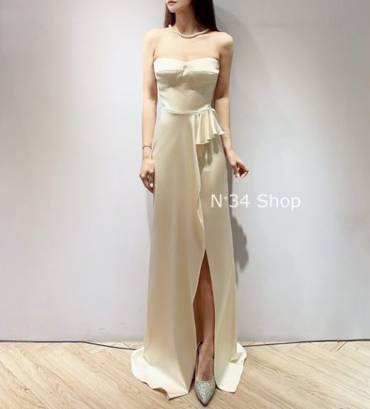 平口荷葉開衩禮服