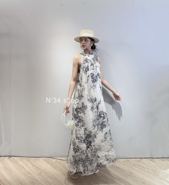 削肩亞麻印花長洋
