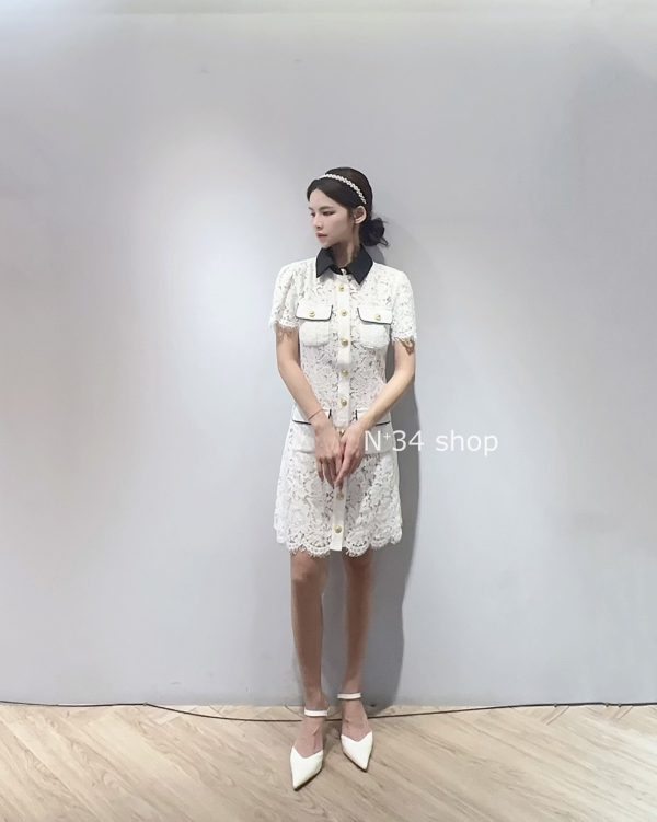 翻領配色蕾絲釦洋：圖片 3